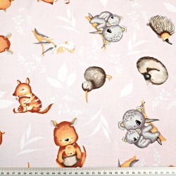 Cotton 100% Australian animals on a pink background