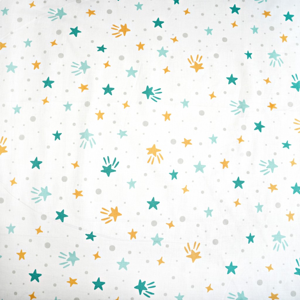 Cotton 100% mint mustard stars and dots on white background