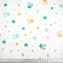 Cotton 100% mint mustard stars and dots on white background