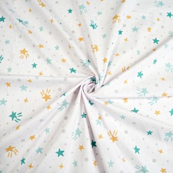 Cotton 100% mint mustard stars and dots on white background