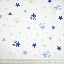 Cotton 100% navy blue stars and dots on a white background