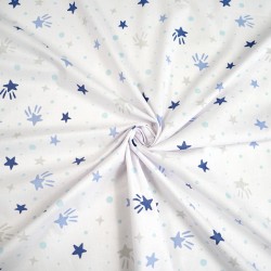 Cotton 100% navy blue stars and dots on a white background