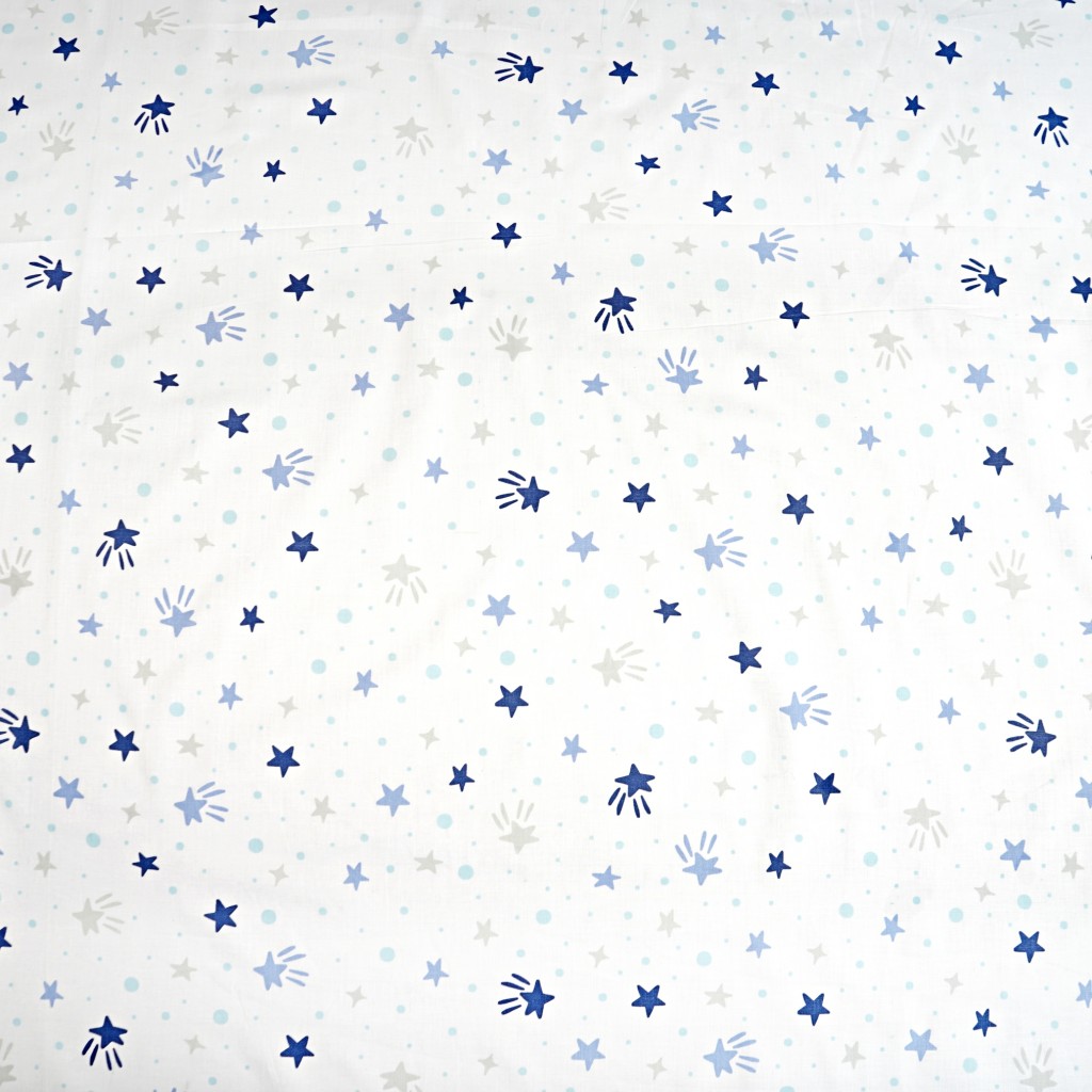 Cotton 100% navy blue stars and dots on a white background