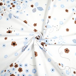 Cotton 100% brown and blue flowers on a white background