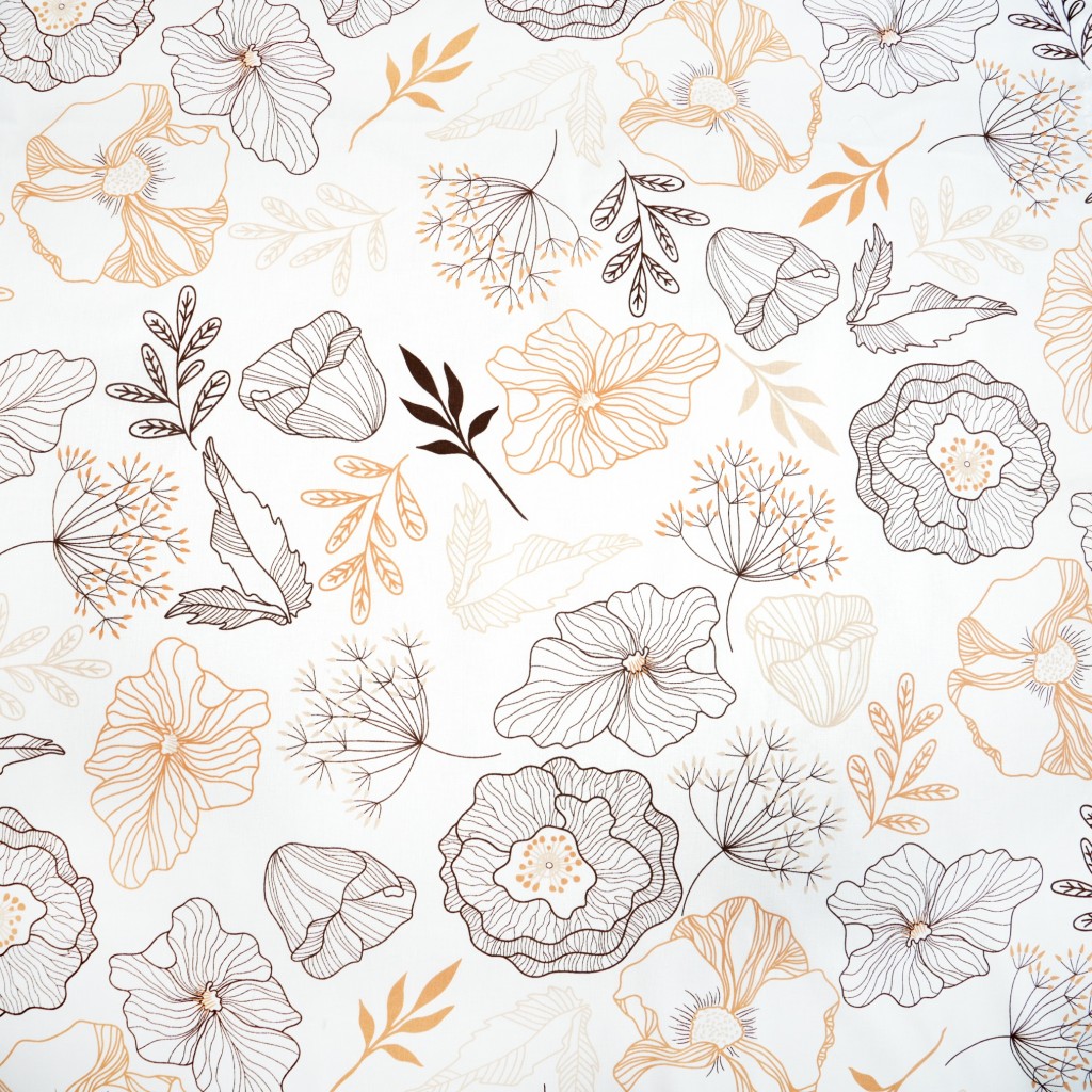 Cotton 100% flowers outlines brown beige on white background