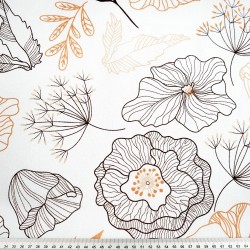 Cotton 100% flowers outlines brown beige on white background