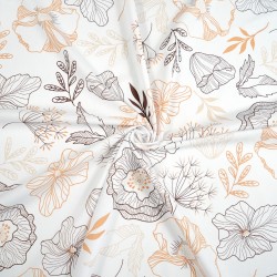 Cotton 100% flowers outlines brown beige on white background