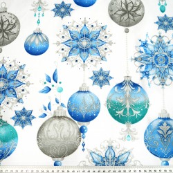 Cotton 100% blue Christmas baubles on a white background