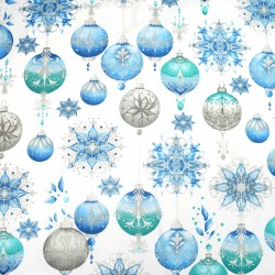 Cotton 100% blue Christmas baubles on a white background