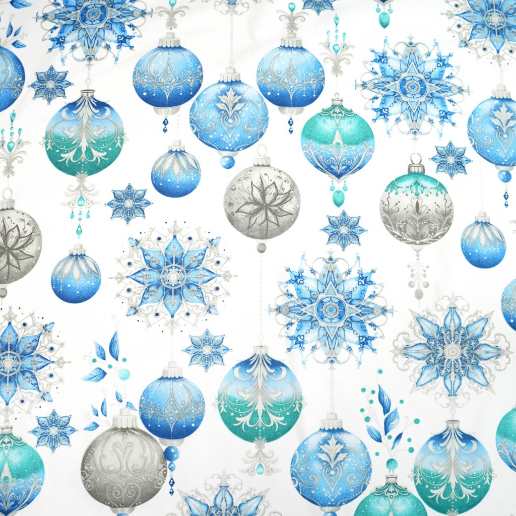 Cotton 100% blue Christmas baubles on a white background