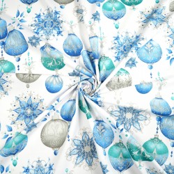 Cotton 100% blue Christmas baubles on a white background