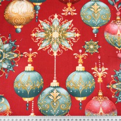 Cotton 100% Christmas baubles on a red background