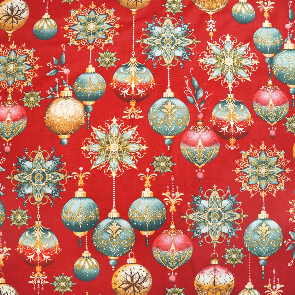 Cotton 100% Christmas baubles on a red background