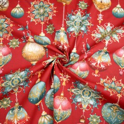 Cotton 100% Christmas baubles on a red background