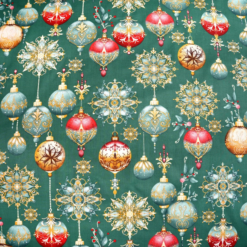 Cotton 100% Christmas baubles on a green background