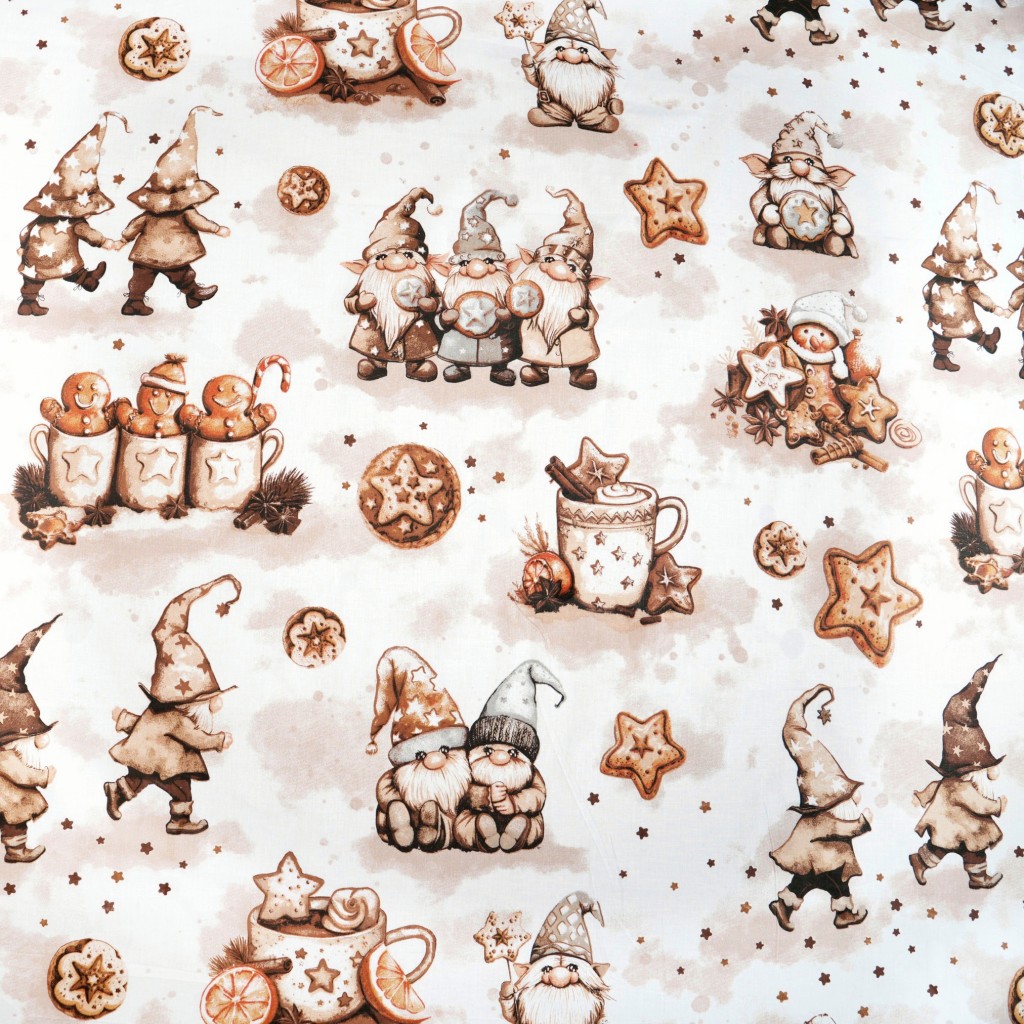 Cotton 100% Christmas brown gnomes and gingerbread