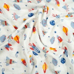 Double gauze muslin with rockets in space print