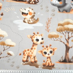 Cotton 100% African baby beige animals on gray background