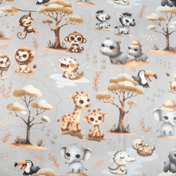 Cotton 100% African baby beige animals on gray background