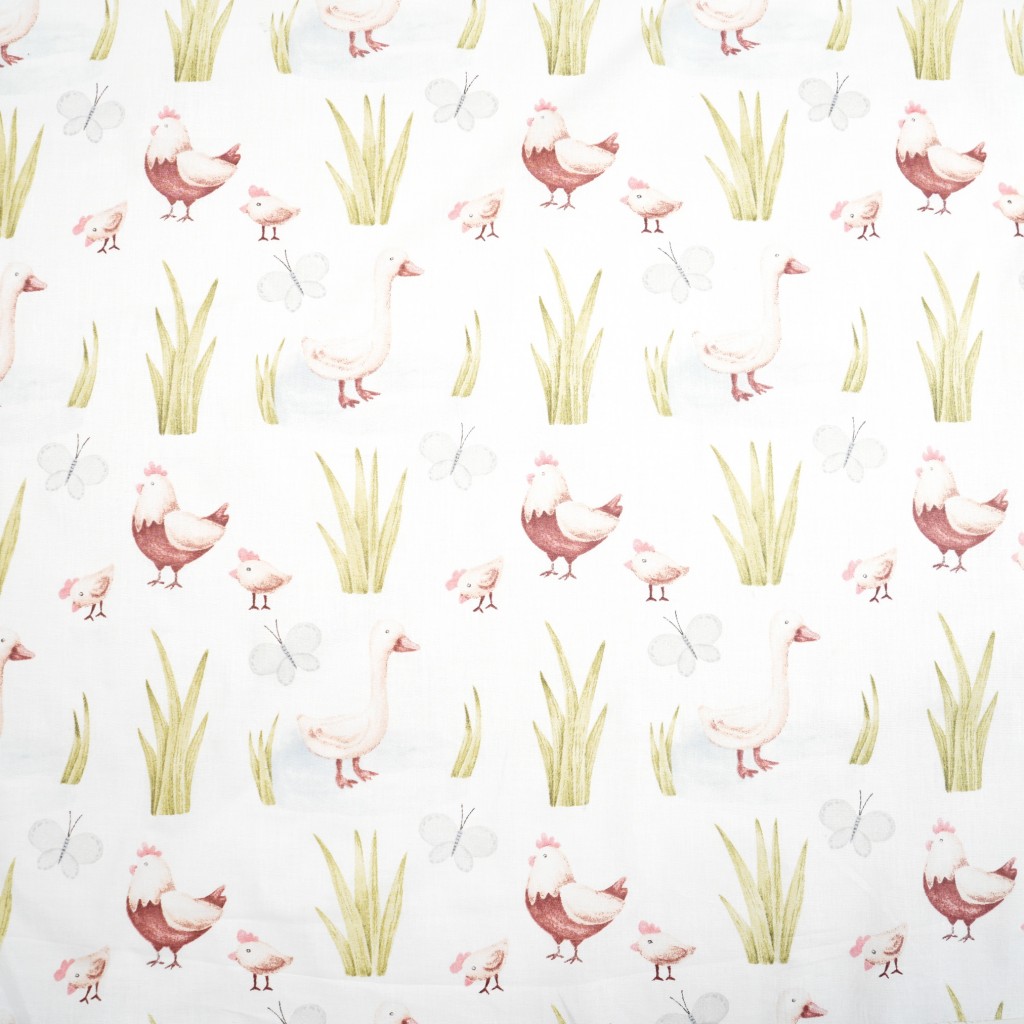 Cotton 100% chickens and geese on a white background