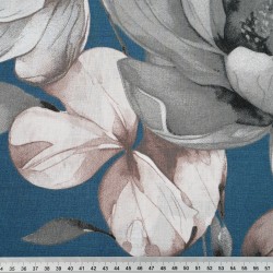 Cotton 100% large beige magnolia flowers on a denim background