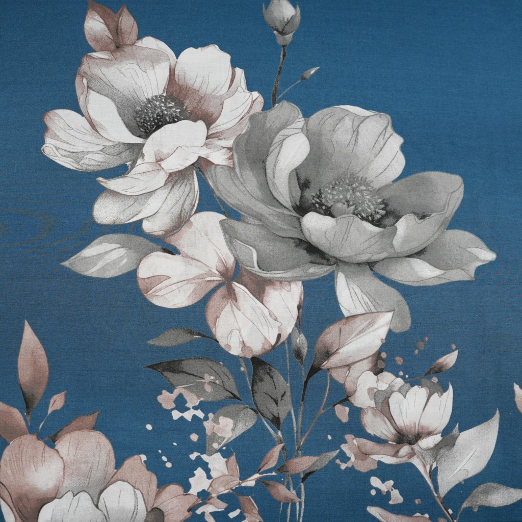 Cotton 100% large beige magnolia flowers on a denim background