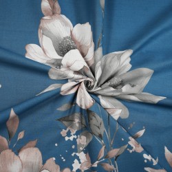 Cotton 100% large beige magnolia flowers on a denim background