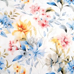 Cotton 100% blue yellow pink flowers on a white background - 220 cm