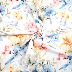 Cotton 100% blue yellow pink flowers on a white background - 220 cm