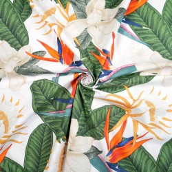 Cotton 100% strelitzia flowers on a white background - 220 cm