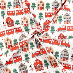 Cotton 100% Christmas pattern red trains and gingerbread houses