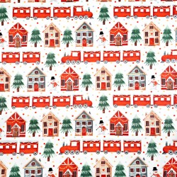 Cotton 100% Christmas pattern red trains and gingerbread houses