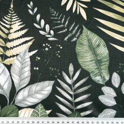 Cotton 100% green, gray and beige leaves on a dark green background