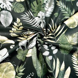 Cotton 100% green, gray and beige leaves on a dark green background