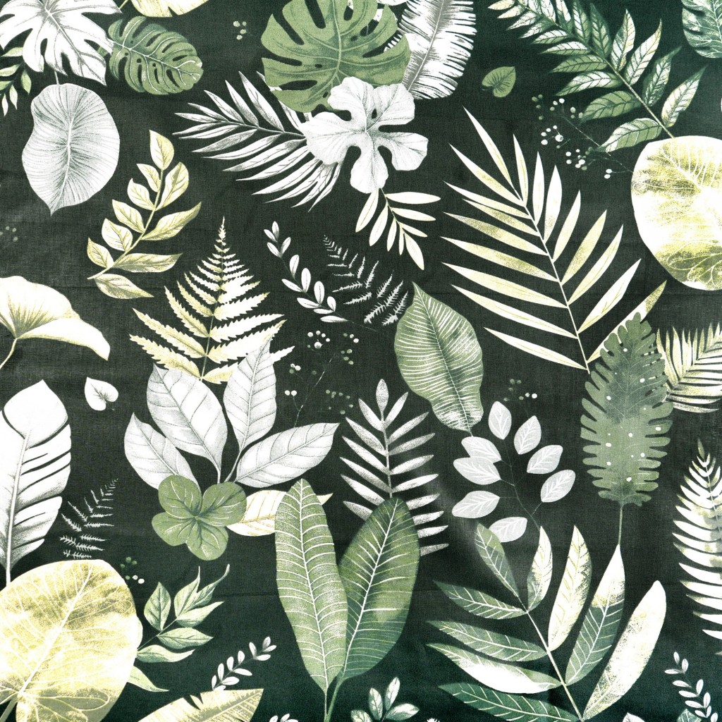 Cotton 100% green, gray and beige leaves on a dark green background