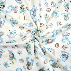 Cotton 100% Blue grey animals by the sea on ecru background