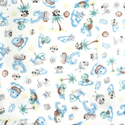 Cotton 100% Blue grey animals by the sea on ecru background