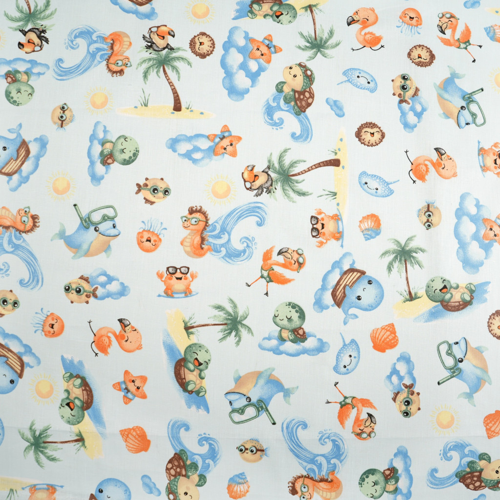 Cotton 100% Blue orange animals by the sea on blue background