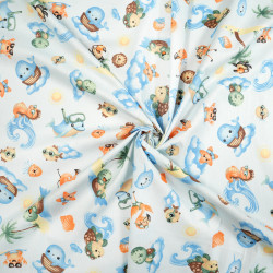 Cotton 100% Blue orange animals by the sea blue background