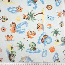 Cotton 100% Blue orange animals by the sea on blue background