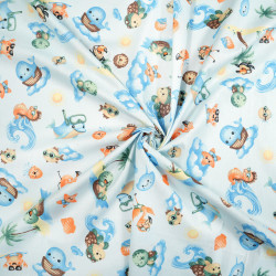 Cotton 100% animals by the sea on blue background