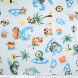 Cotton 100% animals by the sea on blue background