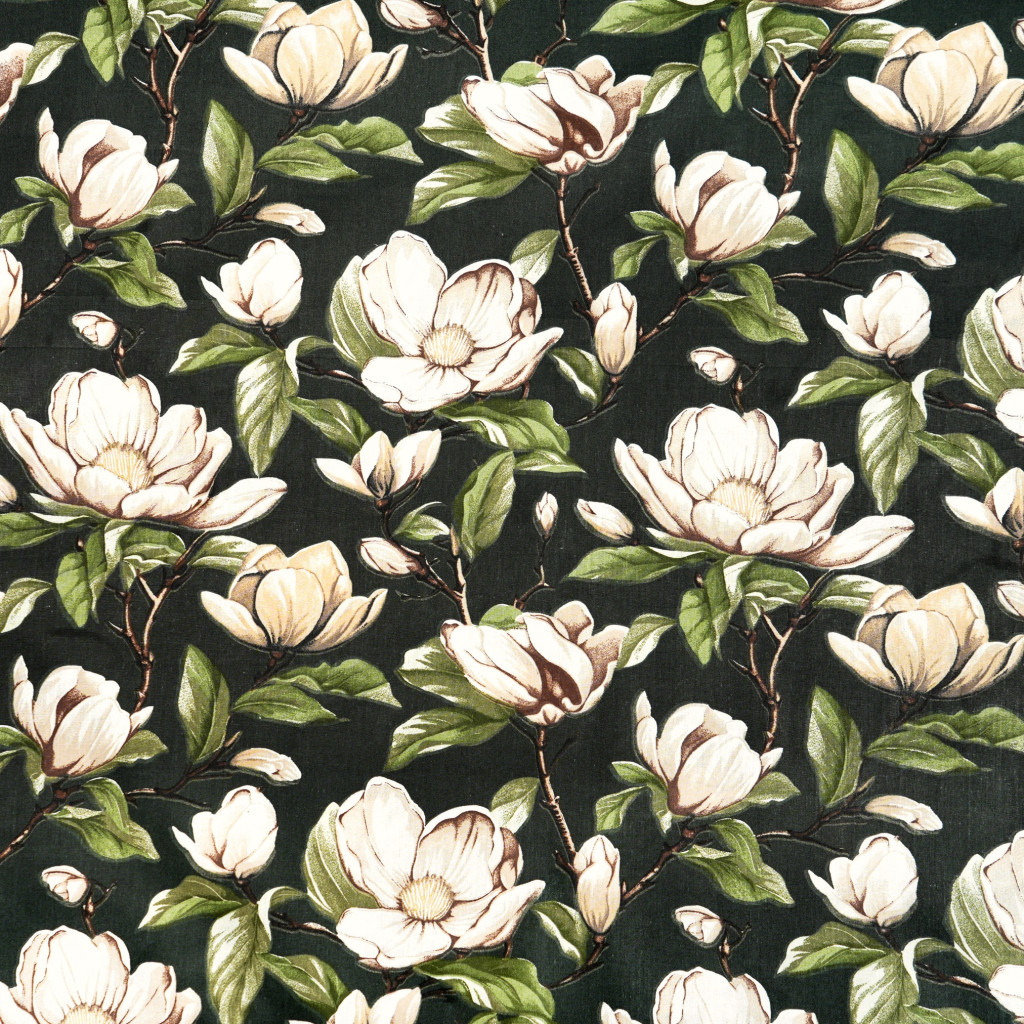 Cotton 100% beige magnolia flowers on a dark green background