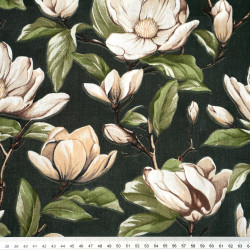 Cotton 100% beige magnolia flowers on a dark green background