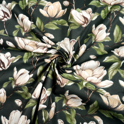 Cotton 100% beige magnolia flowers on a dark green background