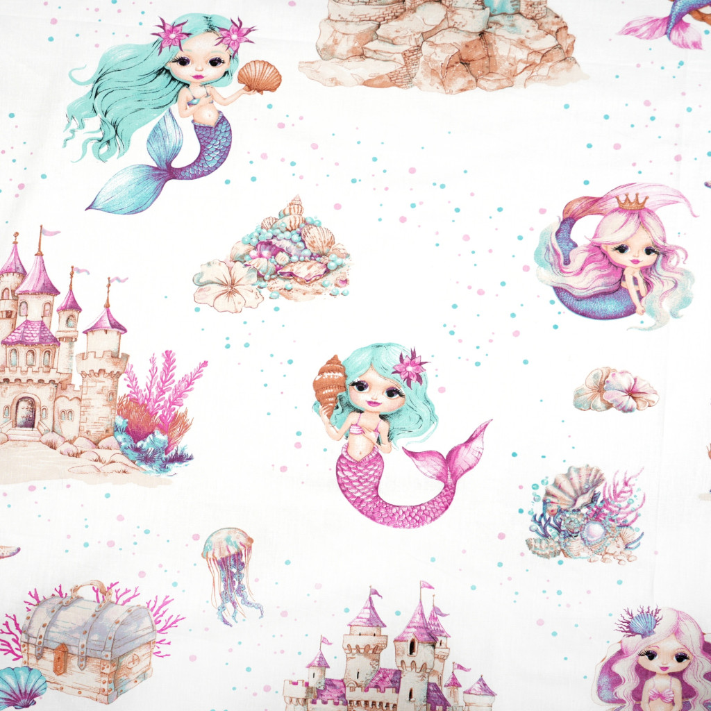 Cotton 100% mermaids with castles on a white background