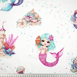 Cotton 100% mermaids with castles on a white background