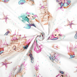 Cotton 100% mermaids with castles on a white background