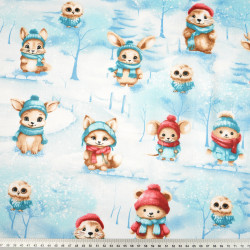 Cotton 100% red and turquoise animals in the winter forest