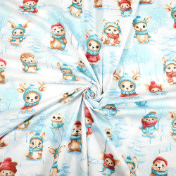 Cotton 100% red and turquoise animals in the winter forest